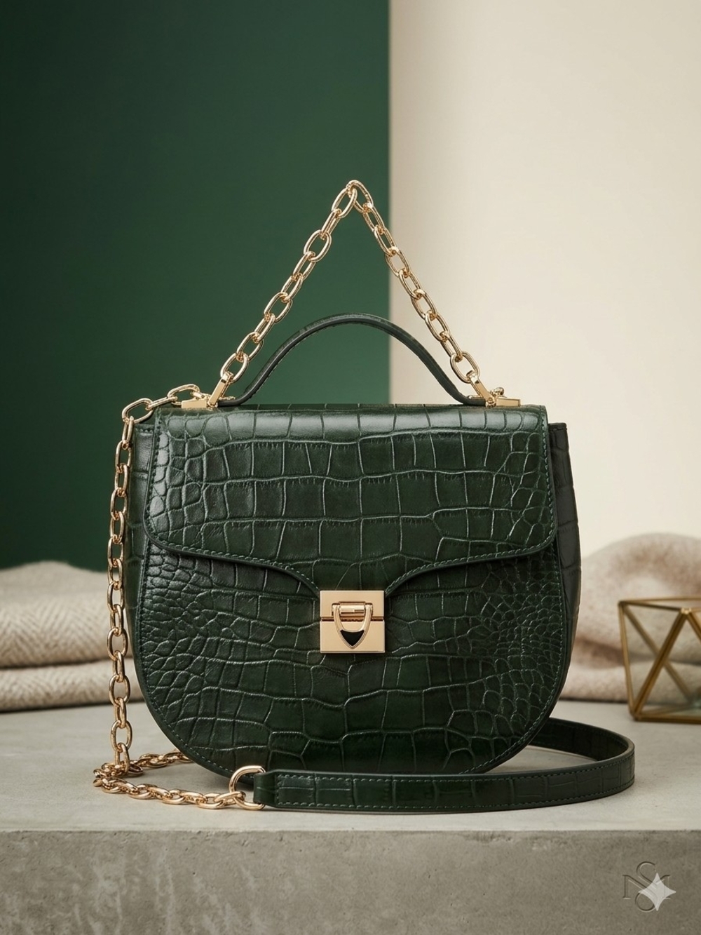 HideSign Classic Croc-Embossed Dark Green Top-Handle Bag